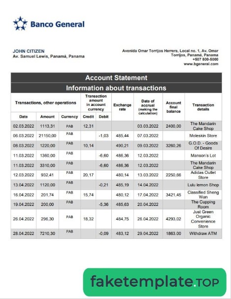 Feature of fake Panama Banco General bank statement